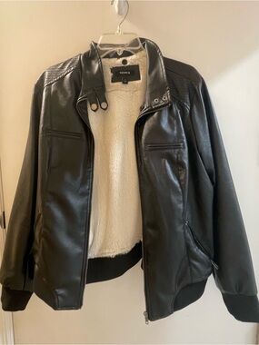 Torrid Size 1 Black Faux Leather Moto Jacket with Cream Sherpa Lining